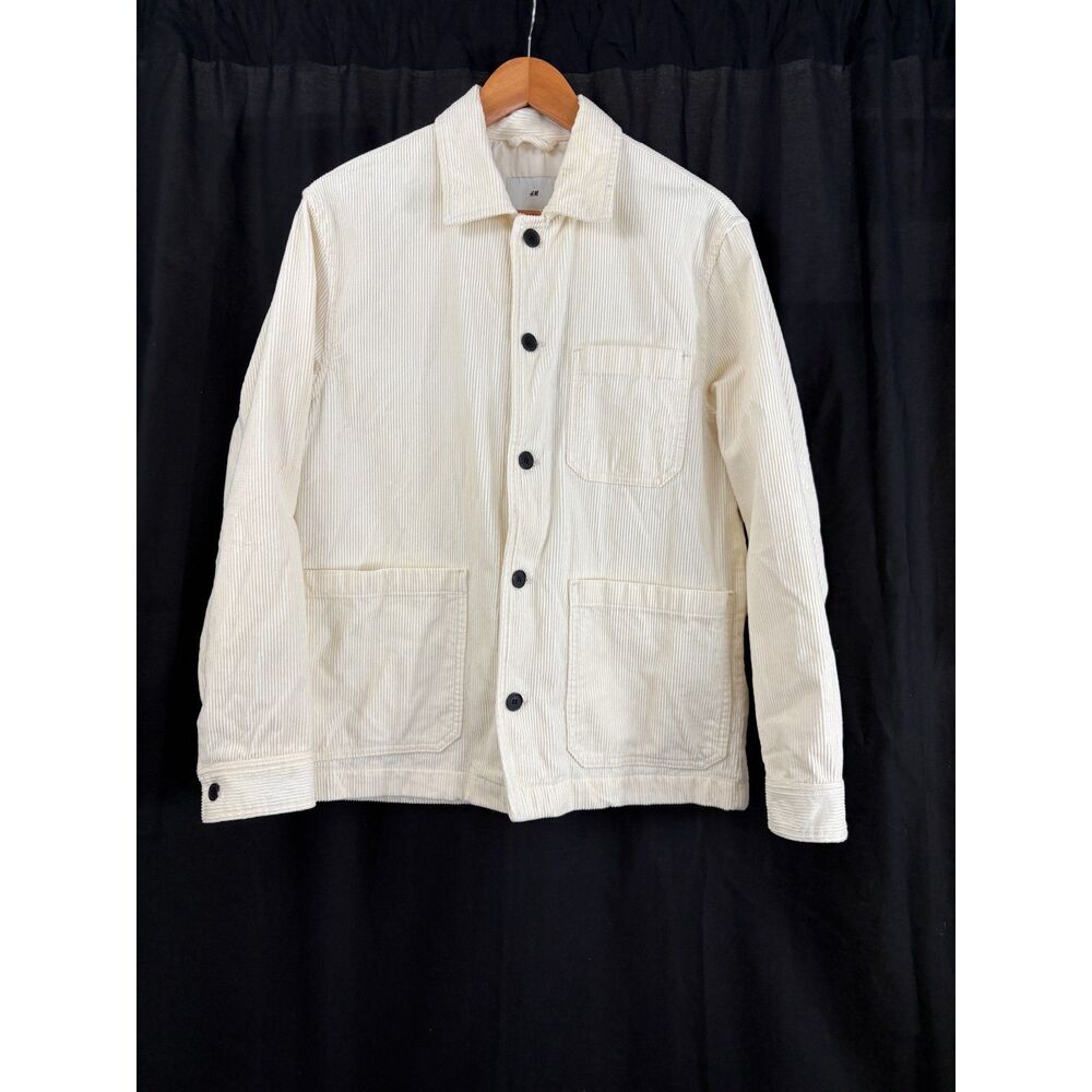 H&M Men's Cream Corduroy Chore Jacket M Lined Workwear Utility Coat